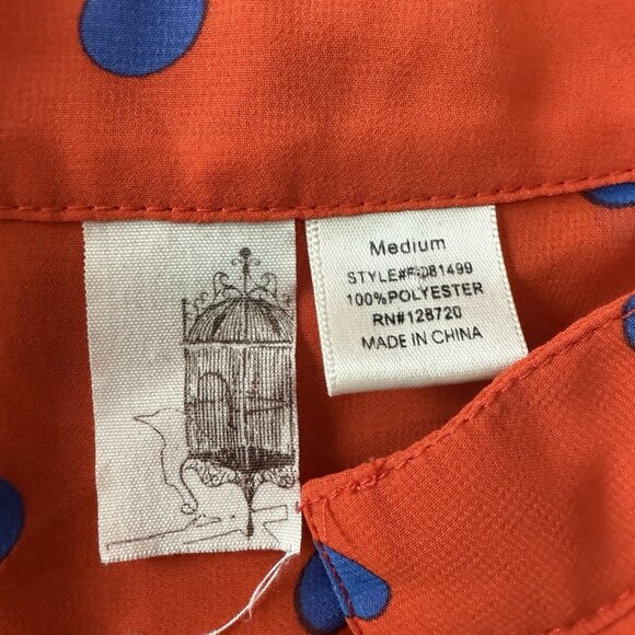 Anthropologie Francesca Blouse Womens Medium Sheer Orange Polka Dot Blue - Picture 6 of 6